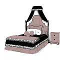 Single Bed With Black Canopy Pink Bedding Lace Trim And Wooden Bedside Table