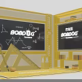 Yellow Learning Space With Blackboard BOBO DOG Logo Math Formulas Triangle Ruler And Bookshelves