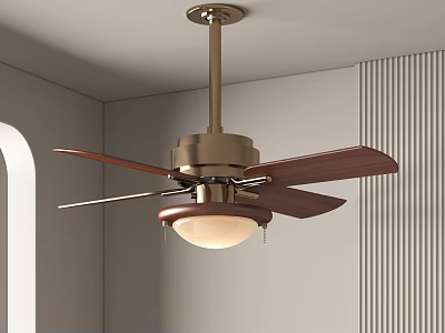 Modern Ceiling Fan With Light Wooden Blades Brass Finish In Minimalist Gray Room 3d model