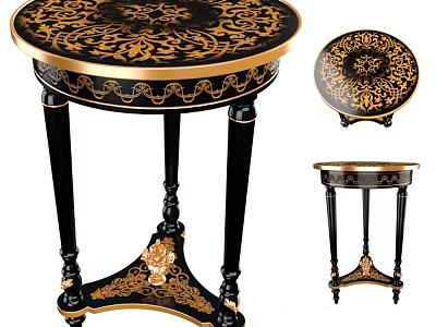 Classic Round Side Table with Intricate Gold Carvings Black Frame and Ornate Base 3d model