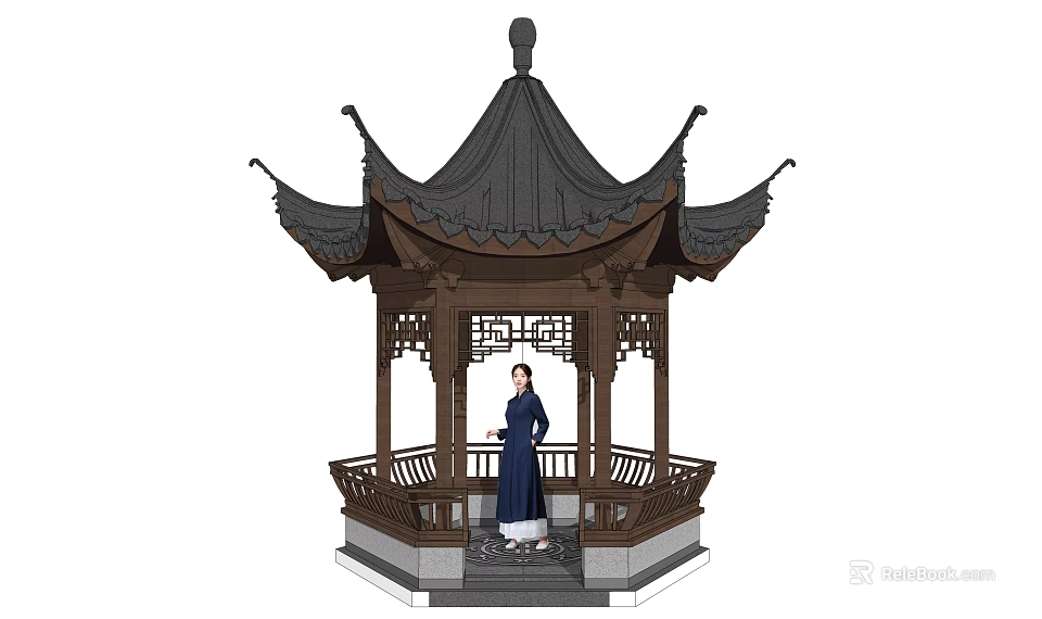 Traditional Chinese Pavilion With Classic Wooden Structure And Ornate Eaves Featuring Standing Figure 3d model 