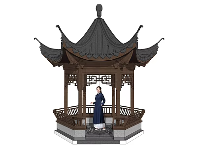 Traditional Chinese Pavilion With Classic Wooden Structure And Ornate Eaves Featuring Standing Figure 3d model