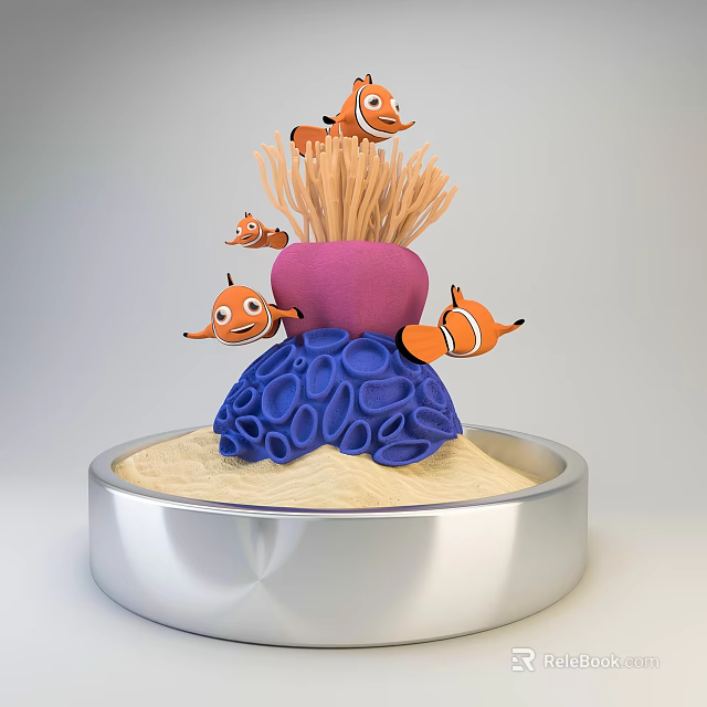 Colorful Clownfish Swimming Around Purple Coral in Sand Filled Container 3d model 