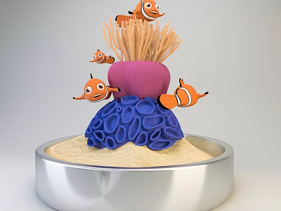 Colorful Clownfish Swimming Around Purple Coral in Sand Filled Container 3d model