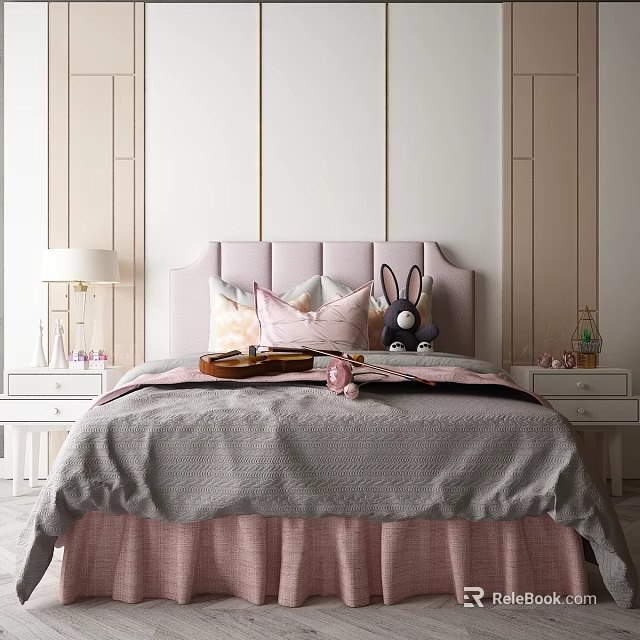 Cozy Bedroom With Pink Upholstered Double Bed And Decor 3d model