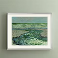 Beautiful Landscape Painting With Cliff Green Vegetation Houses Seascape Distant Boats Beach And Waves