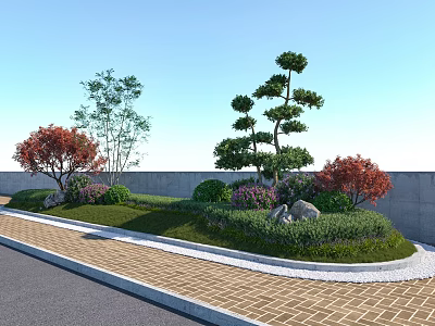 Roadside Facilities With Landscaping Diverse Trees Colorful Shrubs Brick Pavement And Low Wall 3d model