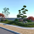 Roadside Facilities With Landscaping Diverse Trees Colorful Shrubs Brick Pavement And Low Wall
