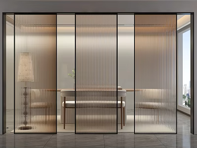 Modern Glass Room Divider with Vertical Slats in Stylish Dining Room Design 3d model
