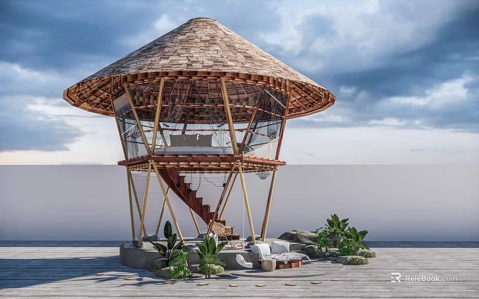 Unique Dome Shaped Wooden House With Bamboo Structure Spiral Staircase And Outdoor Plants 3d model 