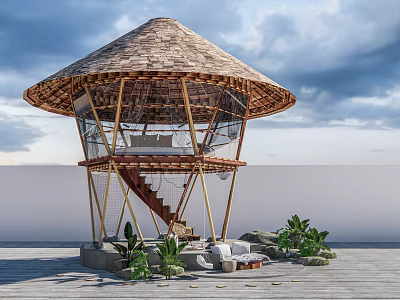 Unique Dome Shaped Wooden House With Bamboo Structure Spiral Staircase And Outdoor Plants 3d model