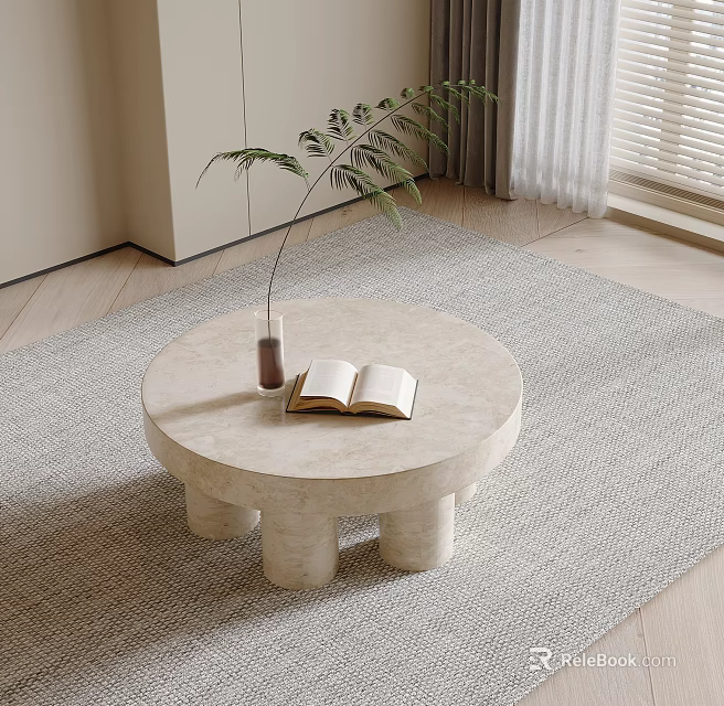 Round Light Colored Marble Coffee Table With Open Book And Plant Vase On Rug 3d model 