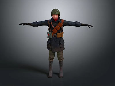 Man in Military Uniform With Helmet Arms Outstretched Brown Belt Backpack Boots On Gray Background 3d model