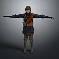 Man in Military Uniform With Helmet Arms Outstretched Brown Belt Backpack Boots On Gray Background