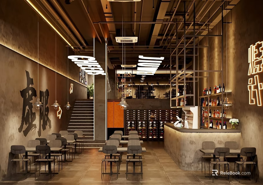 Bar Interior with Modern Design Staircase Wine Racks Bar Counter Tables Chairs and Lighting 3d model 
