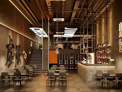 Bar Interior with Modern Design Staircase Wine Racks Bar Counter Tables Chairs and Lighting 3d model