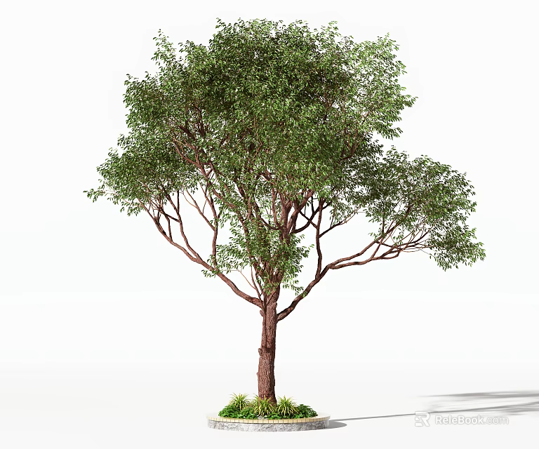 Lush Green Arbor With Brown Trunk And Grass Base On White Background 3d model 