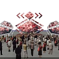 Vibrant Concert Stage with Crowd Dynamic Red White Lighting and Geometric Decorations