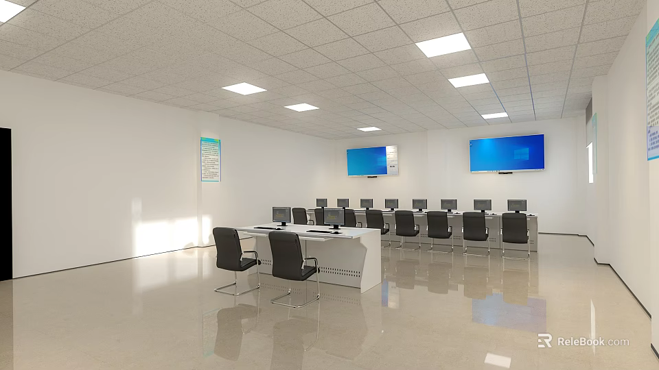 School Classroom With White Walls Ceiling Lights Blue Screens Computers Teacher Desk And Black Chairs 3d model 