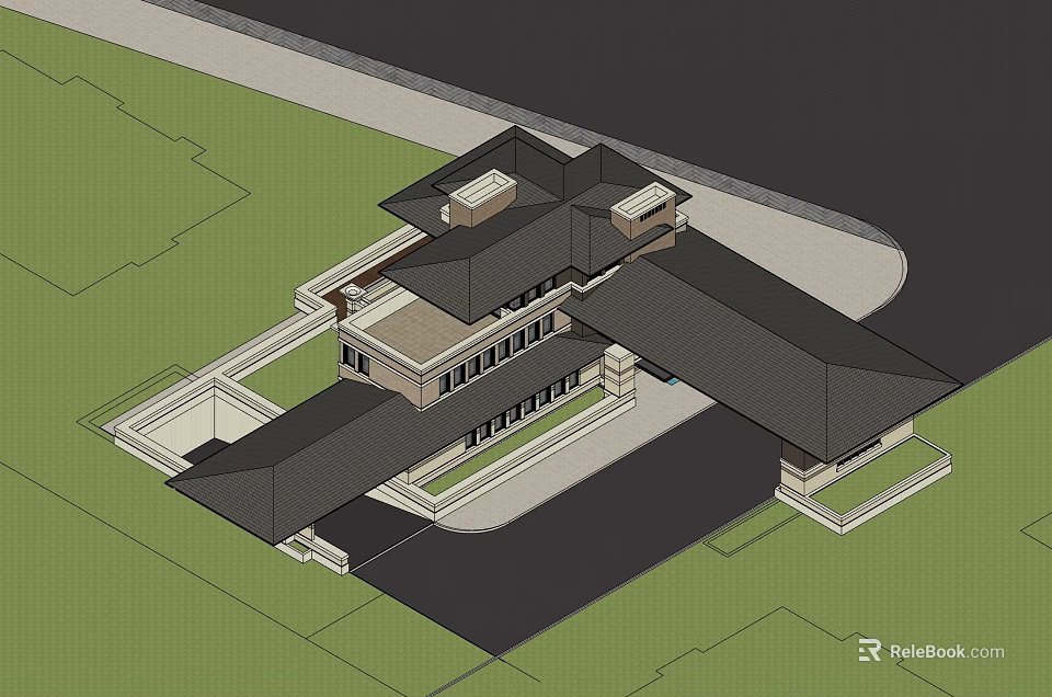 Modern Detached House With Black Sloped Roof Multiple Windows Courtyard And Driveway 3d model 