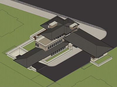 Modern Detached House With Black Sloped Roof Multiple Windows Courtyard And Driveway 3d model