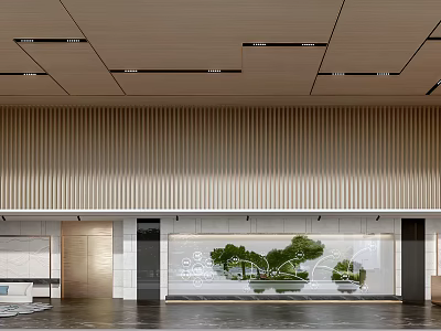 Modern Front Reception Desk Interior Design With Wooden Slat Wall And Green Plant Decor 3d model