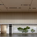 Modern Front Reception Desk Interior Design With Wooden Slat Wall And Green Plant Decor