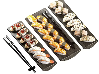 Delicious Assorted Sushi Platter on Wooden Trays with Chopsticks and Fresh Toppings 3d model