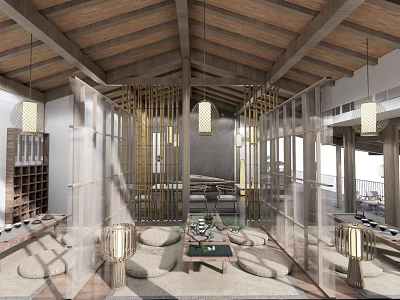 Traditional Tea House Interior With Wooden Ceiling Bamboo Partitions Tatami Seats And Hanging Lanterns 3d model