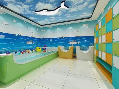 Kids Swimming Specialized Store with Ocean Theme Ceiling Whale Colorful Lockers and Play Pool 3d model