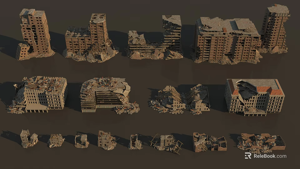 Damaged Building Models Featuring Ruined Urban Structures And Collapsed Architecture Details 3d model