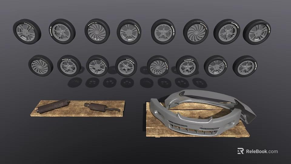 Multiple Car Tires With Unique Alloy Wheels And Auto Parts On Wooden Planks 3d model 