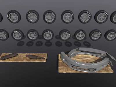 Multiple Car Tires With Unique Alloy Wheels And Auto Parts On Wooden Planks 3d model