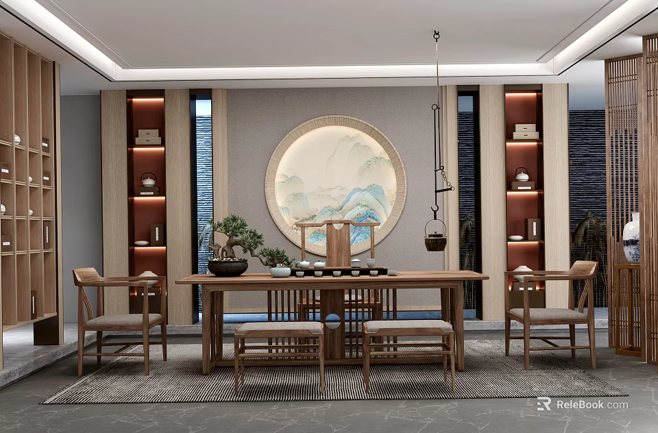 Traditional Tea Room Interior With Wooden Furniture Round Decorative Painting Tea Sets And Green Plants 3d model 
