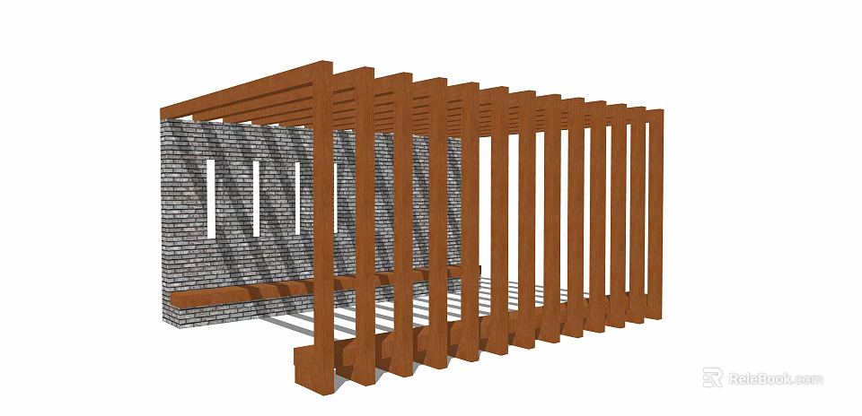 Wooden Pergola Outdoor Structure Featuring Brown Wooden Beams And Brick Wall Background 3d model 