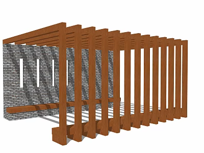 Wooden Pergola Outdoor Structure Featuring Brown Wooden Beams And Brick Wall Background 3d model
