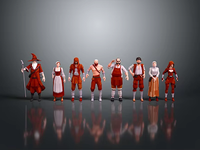 Multiple Red Colored Characters In Various Costumes Standing In A Row With Reflections 3d model
