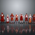 Multiple Red Colored Characters In Various Costumes Standing In A Row With Reflections