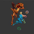 Blue Clad Character and Orange Mechanical Creature in Dynamic Jumping Pose With Circular Shields 3d model