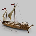 Detailed Wooden Sailing Ship Model With Canvas Sail And Carved Wooden Oars
