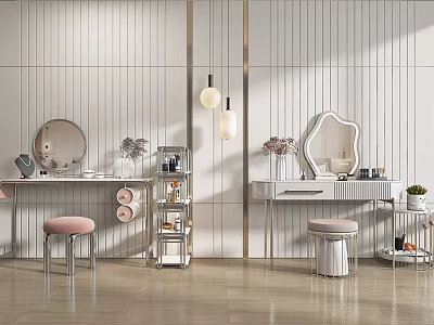 Modern Dressing Tables Interior With Vertical Striped Walls Mirrors Stools And Hanging Lights 3d model