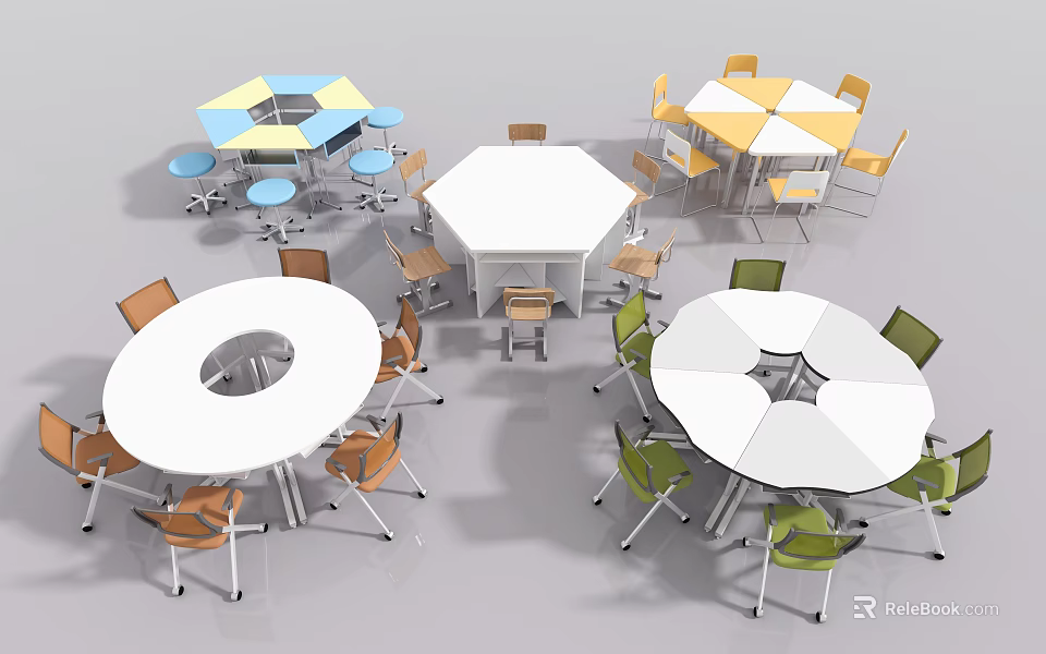 Modern Table and Chair Sets Various Shapes Round Hexagonal Octagonal Colored Chairs Yellow Green Orange 3d model 