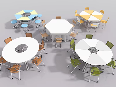 Modern Table and Chair Sets Various Shapes Round Hexagonal Octagonal Colored Chairs Yellow Green Orange 3d model