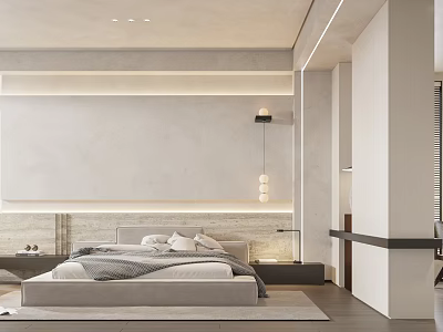 Modern Bedroom Interior With Platform Bed Ambient Lighting Textured Wall And Wooden Floor 3d model