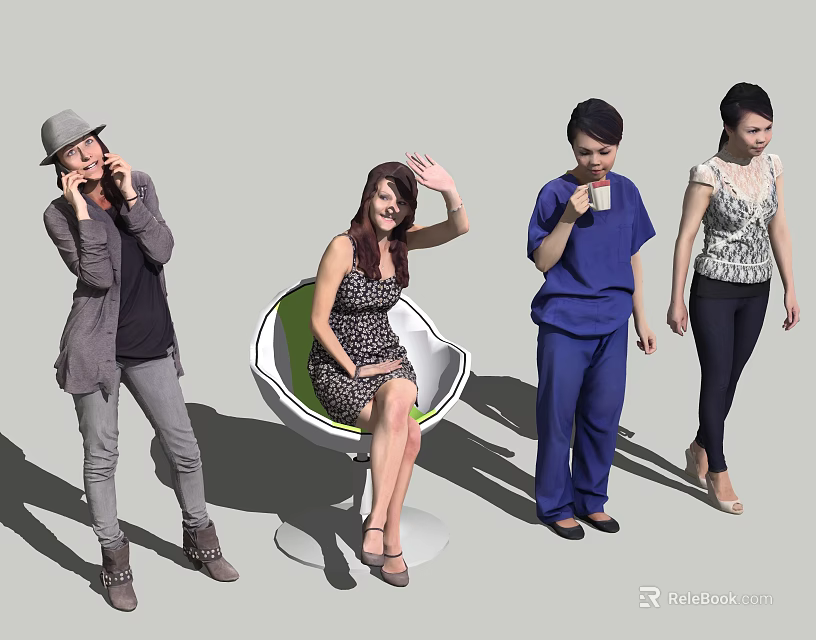 Group of Women in Different Styles and Activities Like Calling Waving Drinking Coffee and Standing 3d model 
