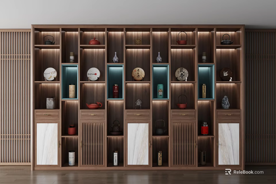 Traditional Chinese Wooden Shelf Cabinet With Decorative Items Lighting And Marble Panels 3d model 