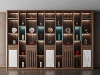 Traditional Chinese Wooden Shelf Cabinet With Decorative Items Lighting And Marble Panels 3d model