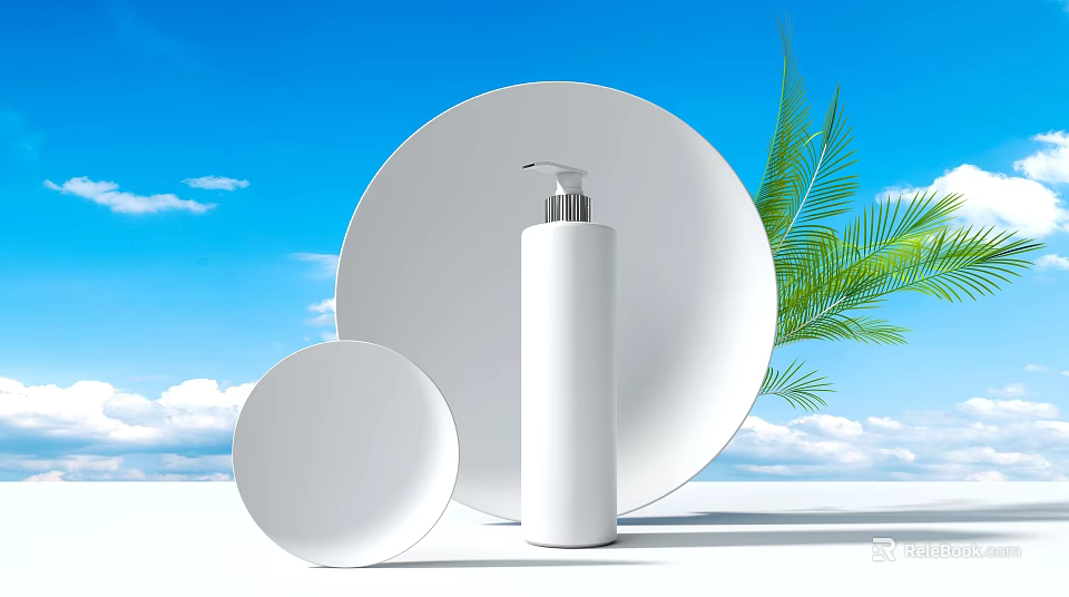 Perfume Cosmetics With White Bottle Round Plates Blue Sky And Palm Leaves 3d model 