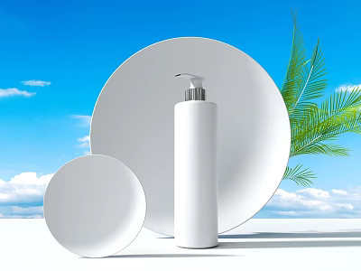 Perfume Cosmetics With White Bottle Round Plates Blue Sky And Palm Leaves 3d model