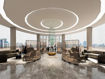 Modern Sales Office Interior With Circular Ceiling Large Chandelier City View Windows And Marble Flooring 3d model